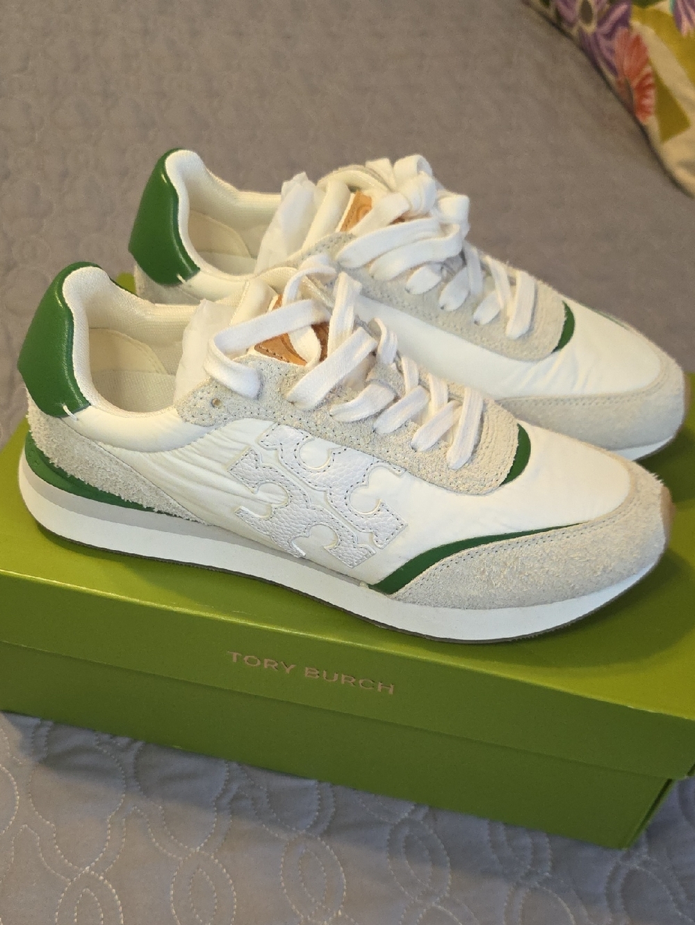 Tory Burch White Leather & Green Accent Runner Sneakers